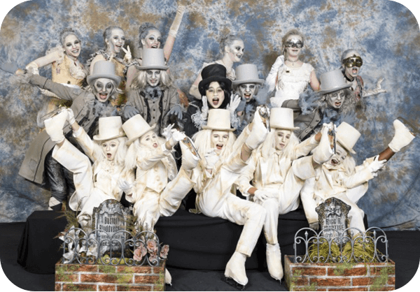 Figure skating group in Cats theatrical costumes