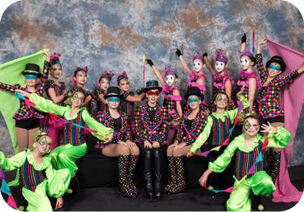 Figure skating performance group in colorful costumes